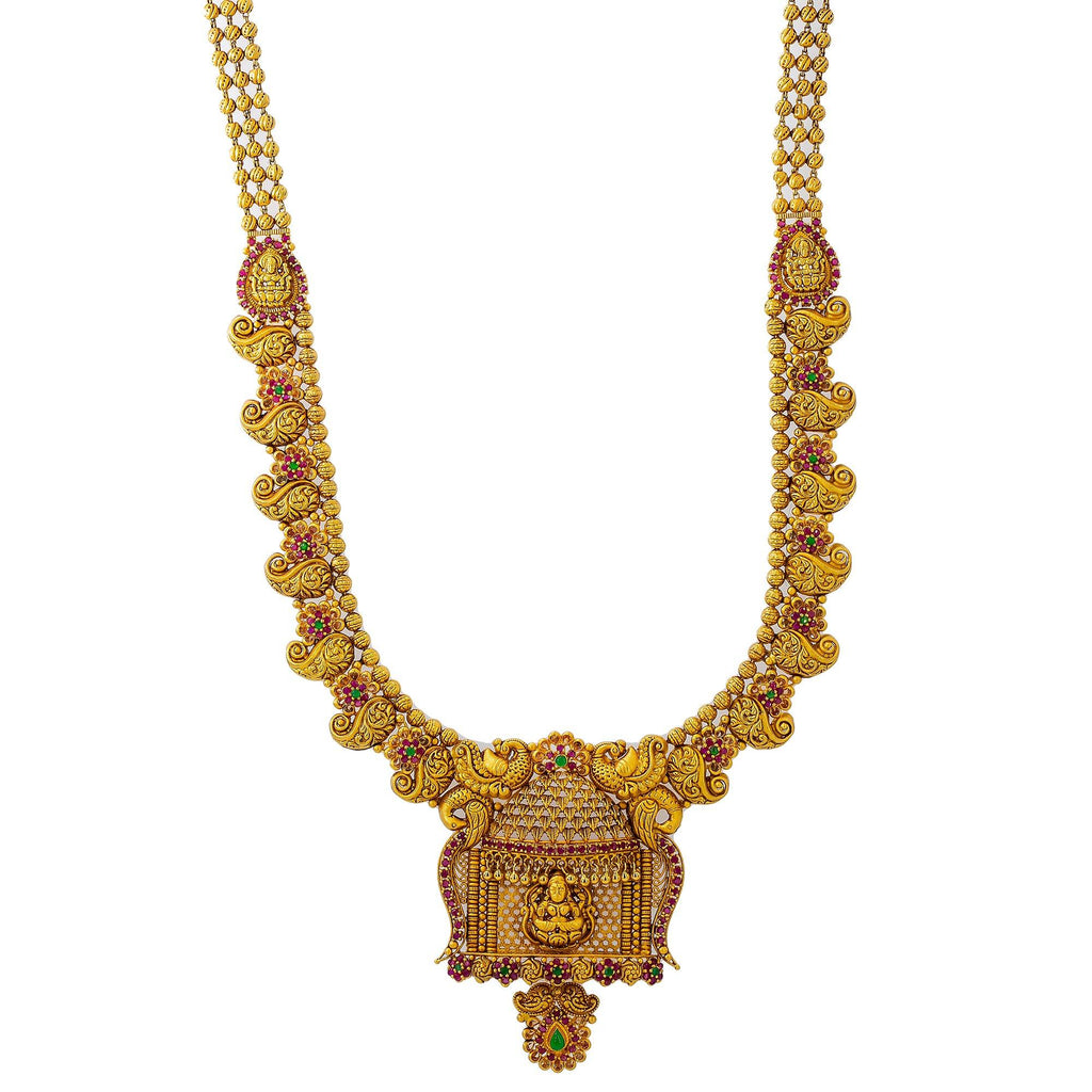 An iamge of a beautiful 22K yellow gold Indian necklace from Virani Jewelers with emerald and rubie accents | Do you want a piece of gorgeous jewelry that can make you look and feel like royalty? This 22K ye...