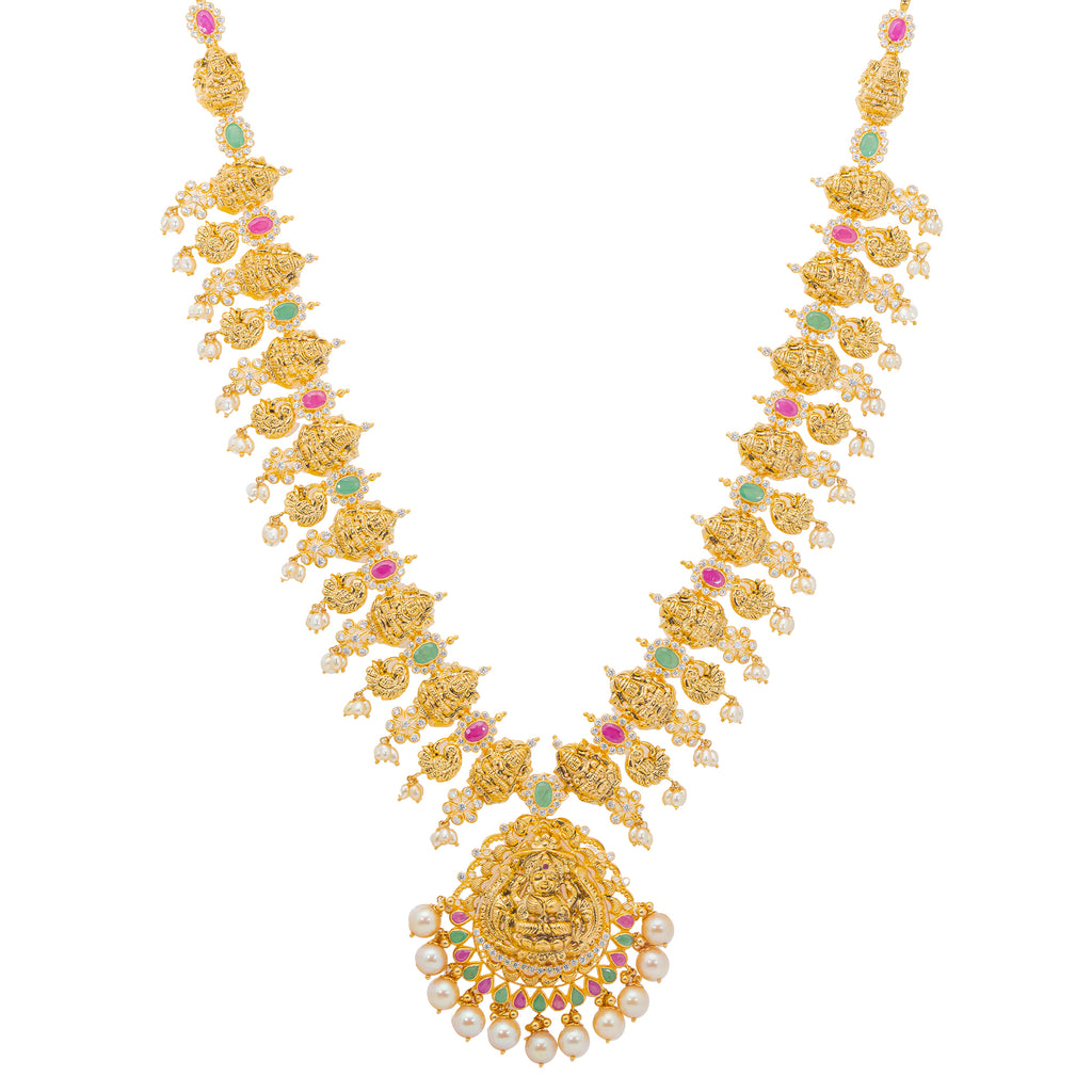 22K Yellow Gold & Multi-Stone Temple Necklace (90.5gm) | 


Vibrant gemstones, 22k Indian gold and cultural significance are combined together to create t...