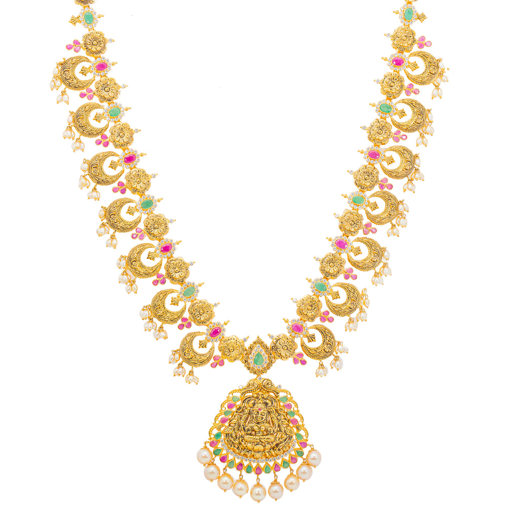 22K Yellow Gold & Multi-Stone Temple Necklace (94.8gm) | 


The exquisite 22k Indian gold used to create this temple necklace is embedded with a colorful ...