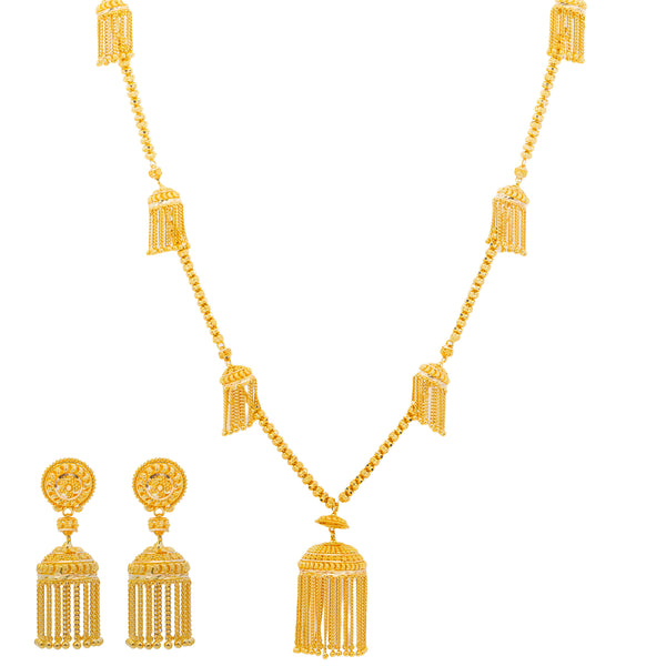 22K Yellow Gold Jhumki Jewelry Set (80.5gm) | 


These 22k gold jhumki earrings and necklace set will be a unique and stylish addition to your ...