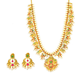 22K Yellow Gold Guttapusalu Necklace and Chandbali Earrings Set W/ Emeralds, Pearls, CZ , Rubies & Chandelier Pendant - Virani Jewelers