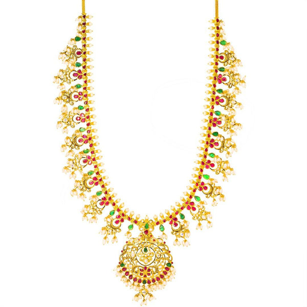 22K Yellow Gold Antique Guttapusalu Necklace and Earrings Set W/ Emeralds, Pearls, CZ, Rubies & Round Pendant - Virani Jewelers | 22K Yellow Gold Antique Guttapusalu Necklace and Earrings Set W/ Emeralds, Pearls, CZ, Rubies &am...