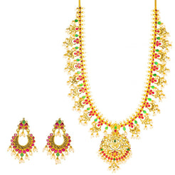 22K Yellow Gold Antique Guttapusalu Necklace and Earrings Set W/ Emeralds, Pearls, CZ, Rubies & Round Pendant - Virani Jewelers