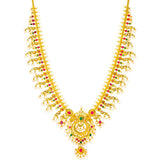 22K Yellow Gold Guttapusalu Necklace and Earrings Set W/ Emeralds, Pearls, CZ, Rubies & Peacock Accents - Virani Jewelers | 22K Yellow Gold Guttapusalu Necklace and Earrings Set W/ Emeralds, Pearls, CZ, Rubies & Peaco...