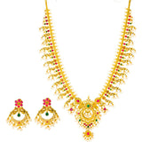22K Yellow Gold Guttapusalu Necklace and Earrings Set W/ Emeralds, Pearls, CZ, Rubies & Peacock Accents - Virani Jewelers | 22K Yellow Gold Guttapusalu Necklace and Earrings Set W/ Emeralds, Pearls, CZ, Rubies & Peaco...