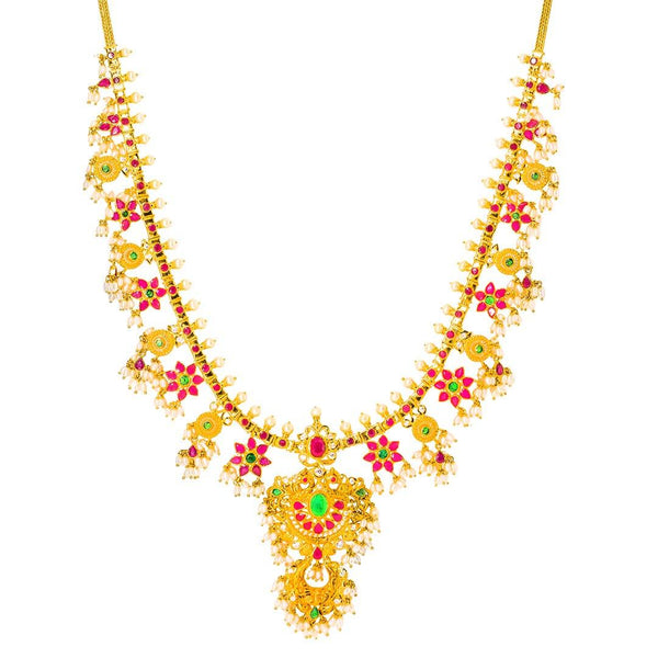 22K Yellow Gold Antique Guttapusalu Necklace and Earrings Set W/ Emeralds, Pearls, CZ, Rubies & Flower Accents - Virani Jewelers | 22K Yellow Gold Antique Guttapusalu Necklace and Earrings Set W/ Emeralds, Pearls, CZ, Rubies &am...