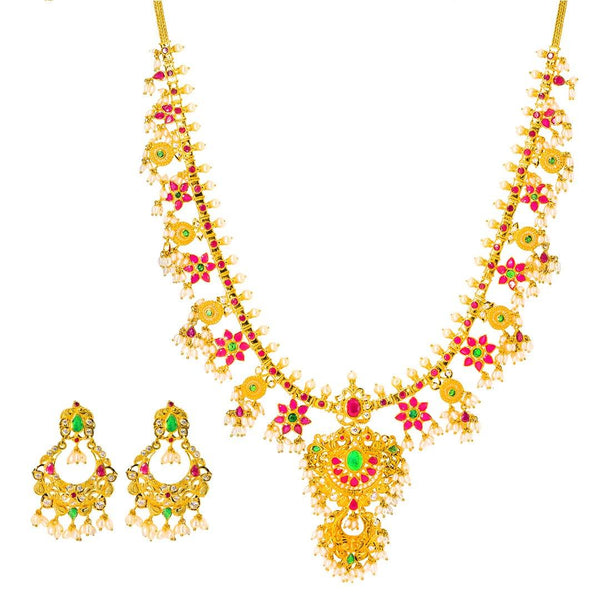 22K Yellow Gold Antique Guttapusalu Necklace and Earrings Set W/ Emeralds, Pearls, CZ, Rubies & Flower Accents - Virani Jewelers | 22K Yellow Gold Antique Guttapusalu Necklace and Earrings Set W/ Emeralds, Pearls, CZ, Rubies &am...