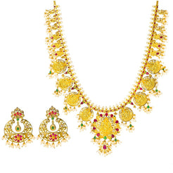 22K Yellow Gold Temple Guttapusalu Necklace Set W/ Emeralds, Rubies, CZ Gems, Pearls & Laxmi Kasu - Virani Jewelers