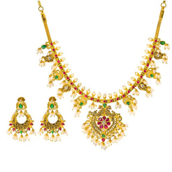 22K Yellow Gold Antique Guttapusalu Necklace and Earrings Set W/ Emeralds, Pearls, CZ, Rubies & Peacock Accents - Virani Jewelers