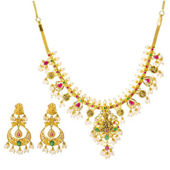 22K Yellow Gold Temple Guttapusalu Necklace Set W/ Emeralds, Rubies, CZ Gems, Pearls & Laxmi Pendant - Virani Jewelers