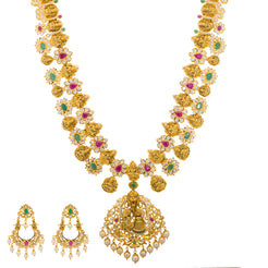 22K Yellow Gold, Gem, CZ, and Pearl Temple Necklace Set (133.3gm)