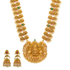 22K Yellow Gold, Gem, CZ, and Pearl Temple Necklace Set (153.11gm)