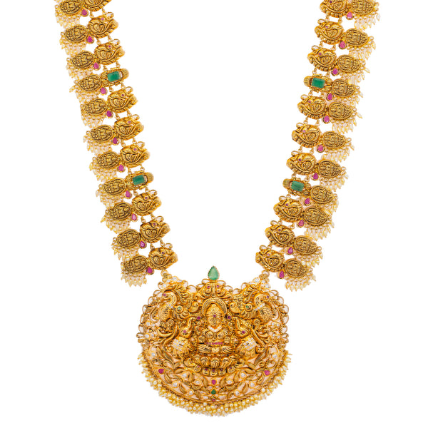 22K Yellow Gold, Gem, CZ, and Pearl Temple Necklace Set (153.11gm) | 


This 22k yellow gold temple jewelry set from Virani is simple breathtaking. The adornments of ...