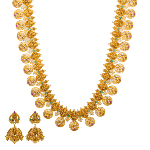 22K Yellow Gold, Gem, CZ, and Pearl Temple Necklace Set (116.7gm) | 


The gems, cz, and pearls used to create this stunningly beautiful 22k gold necklace and jhumka...