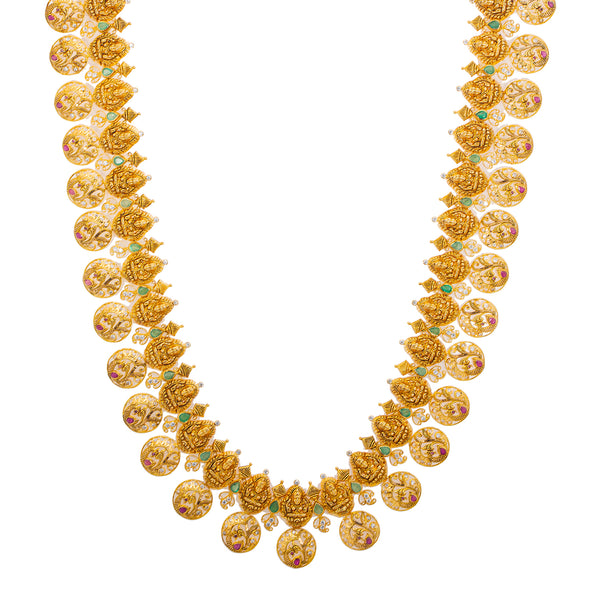 22K Yellow Gold, Gem, CZ, and Pearl Temple Necklace Set (116.7gm) | 


The gems, cz, and pearls used to create this stunningly beautiful 22k gold necklace and jhumka...