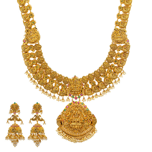 22K Yellow Gold, Gem, CZ, and Pearl Temple Necklace Set (151.5gm) | 


This gorgeous 22k gold necklace and jhumka earring set from Virani Jewelers features a radiant...