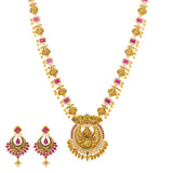 22K Yellow Gold, Gem, CZ, and Pearl Temple Necklace Set (75.4gm) | 


This 22k gold necklace and earring pair is simply a masterpiece. The artisanal style of the ch...