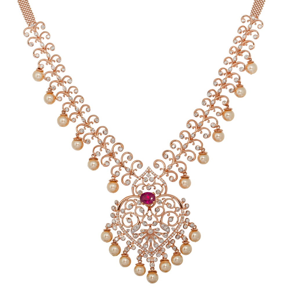 18K Rose Gold Necklace w/ 2.70ct Diamonds, Ruby, & Pearls (49.6gm) | 


The shimmer and shine of this exquisite 18k rose gold necklace come from the glittering diamon...
