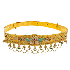22K Yellow Gold Vaddanam Waist Belt W/ Ruby, Emerald, Sapphire, CZ Gems & Paisley Peacock Chandelier Design - Virani Jewelers