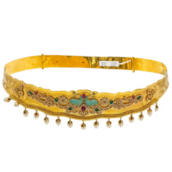 22K Yellow Gold Vaddanam Waist Belt W/ Ruby, Emerald, Sapphire, CZ Gems, Hanging Pearls & Paisley Mirror Peacocks - Virani Jewelers