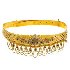 22K Yellow Gold Vaddanam Waist Belt W/ Ruby, Emerald, CZ Gems & Lotus Flower Chandelier Design - Virani Jewelers