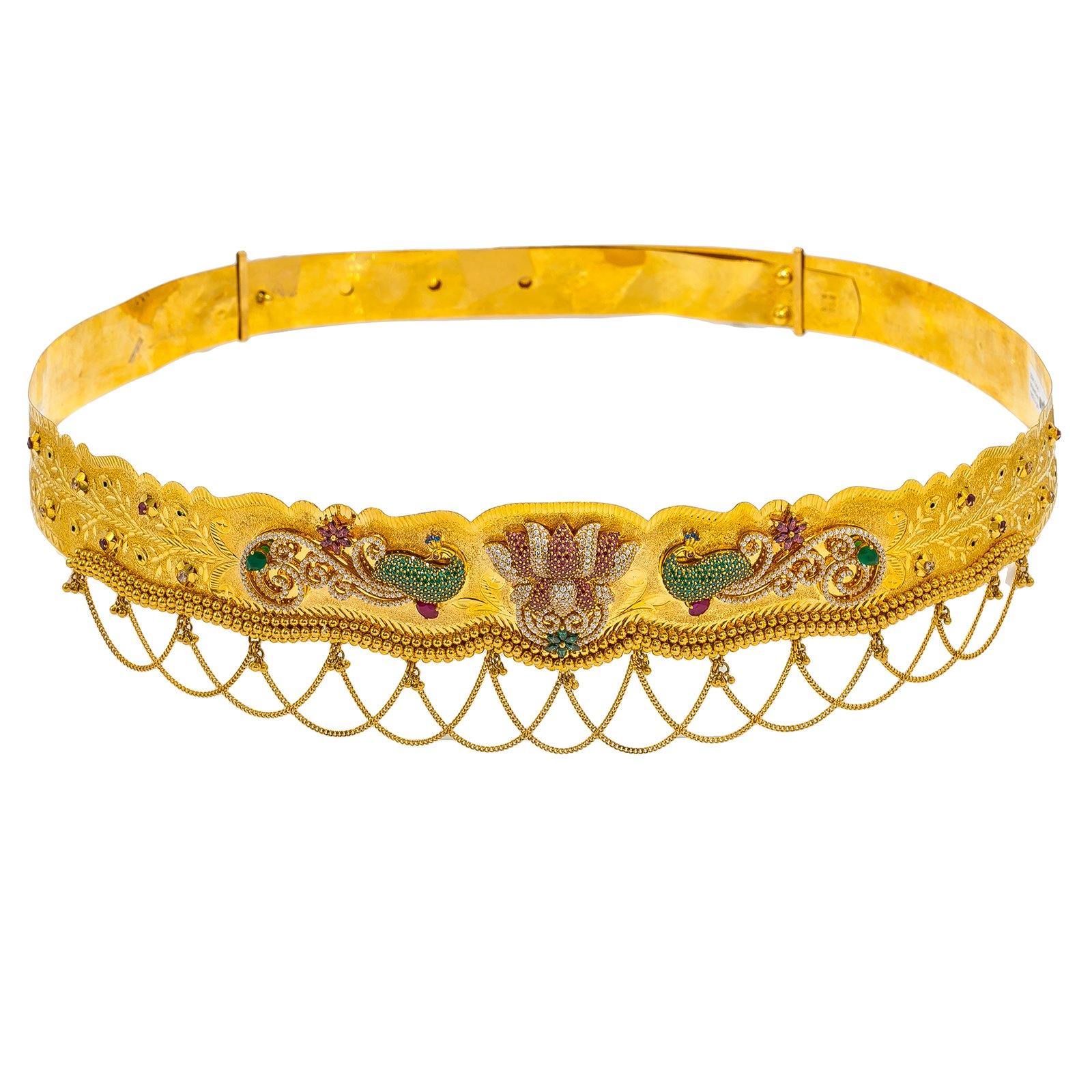 22K Yellow Gold Vaddanam Waist Belt w/ Ruby, Emerald, CZ Gems & Faceted Lotus Flower Peacock Pendants