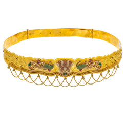 22K Yellow Gold Vaddanam Waist Belt W/ Ruby, Emerald, CZ Gems & Faceted Lotus Flower Peacock Pendants - Virani Jewelers