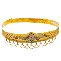 22K Yellow Gold Vaddanam Waist Belt W/ Ruby, Sapphire, CZ Gems & Teardrop Peacocks Pendant - Virani Jewelers