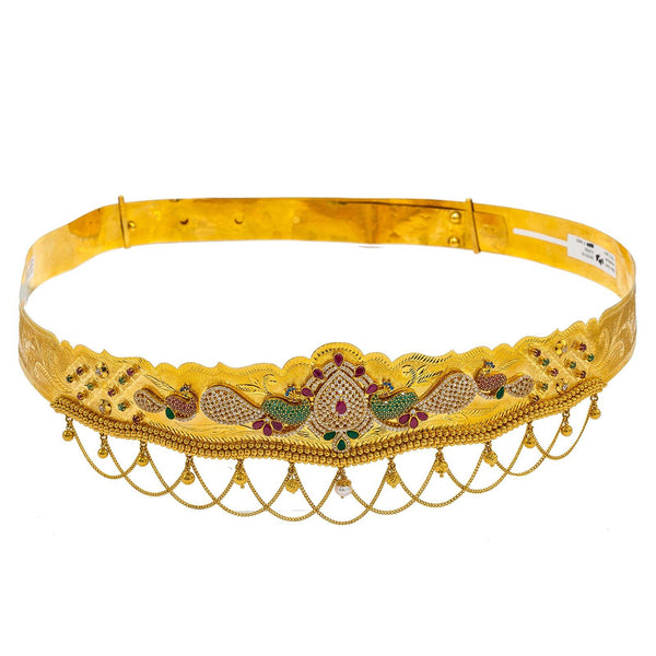 22K Yellow Gold Vaddanam Waist Belt W/ Ruby, Sapphire, CZ Gems & Teardrop Peacocks Pendant - Virani Jewelers | 



Add the brilliance of 22K and precious gemstones to your wardrobe with this 22K gold Indian w...