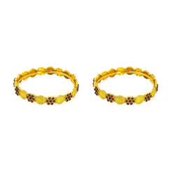 22K Yellow Gold 2 Piece Bangle Set W/ Laxmi Coins & Ruby Studded Flower Accents - Virani Jewelers