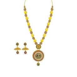 22K Yellow Gold Necklace & Jhumki Earrings Set W/ CZ, Ruby, Emerald, Ornate Laxmi Pendant & Floral Accent Chain - Virani Jewelers