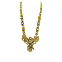 22K Yellow Gold Antique Temple Necklace W/ Ruby & Emerald on Large Winged Double Laxmi Pendant - Virani Jewelers