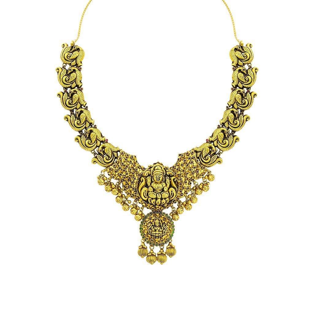 22K Yellow Gold Antique Temple Necklace W/ Ruby, Emerald & Laxmi Pendant on Carved Peacock Strand - Virani Jewelers |  22K Yellow Gold Antique Temple Necklace W/ Ruby, Emerald & Laxmi Pendant on Carved Peacock S...