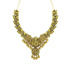 22K Yellow Gold Antique Temple Necklace W/ Ruby, Emerald & Laxmi Pendant on Carved Peacock Strand - Virani Jewelers