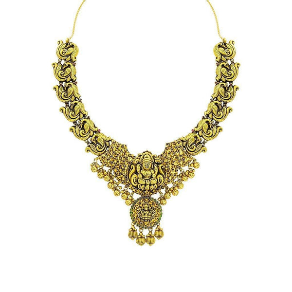 22K Yellow Gold Antique Temple Necklace W/ Ruby, Emerald & Laxmi Pendant on Carved Peacock Strand - Virani Jewelers |  22K Yellow Gold Antique Temple Necklace W/ Ruby, Emerald & Laxmi Pendant on Carved Peacock S...