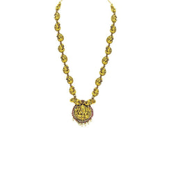22K Yellow Gold Antique Temple Necklace W/ Ruby, Hanging Pearls & Mango Shaped Peacock Accents - Virani Jewelers