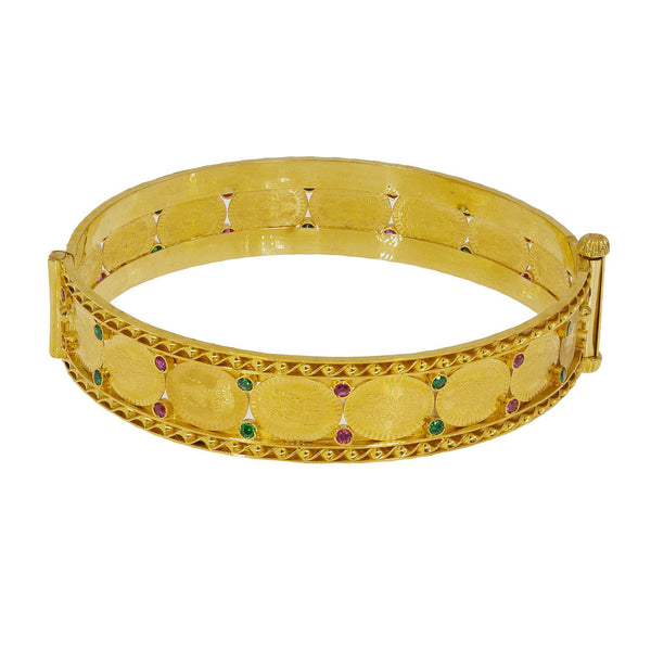 22K Yellow Gold Laxmi Kasu Bangle W/ Rubies, Emeralds & Twisted Trim - Virani Jewelers | Radiance, opulence and feminine-chic accents are all tied up in this beautiful 22K yellow gold La...
