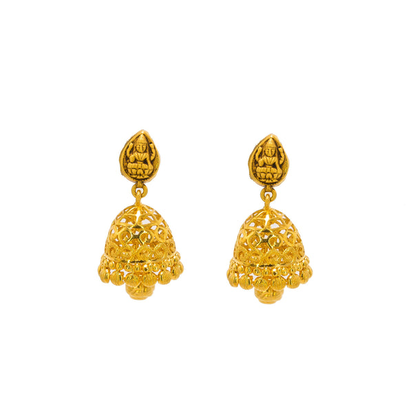 22K Yellow Gold Antique Necklace & Jhumki Earrings Set W/ Laxmi Pendant & Split Chain - Virani Jewelers | Make an undeniably bold statement with this stunning 22K yellow gold antique Temple necklace and ...