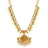 22K Yellow Gold, Uncut Diamond, Kundan, and Gemstone Temple Necklace (98gm) | 


The vibrant details of this 22k Indian gold necklace are simply exquisite. The colorful assort...