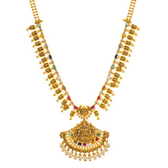 22K Yellow Gold, Uncut Diamond, Kundan, and Gemstone Temple Necklace (98gm)