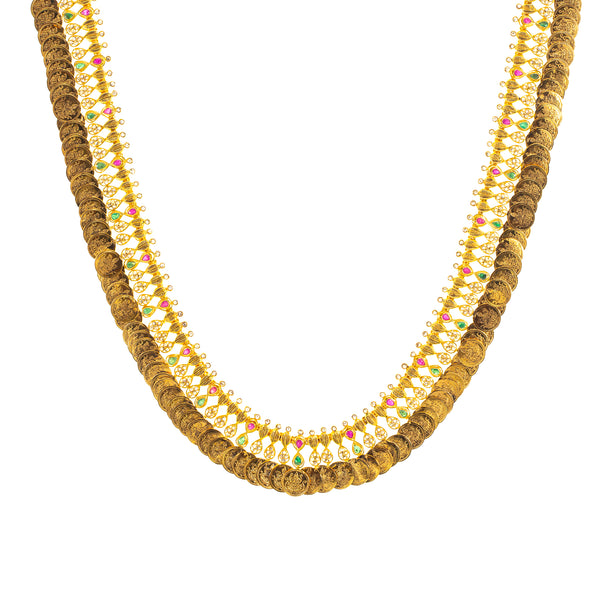 22K Yellow Gold Kasu Necklace w/ Uncut Diamonds & Gemstones (67.7gm) | 


This masterful 22k Indian gold necklace features a traditional Kasu style design decorated wit...