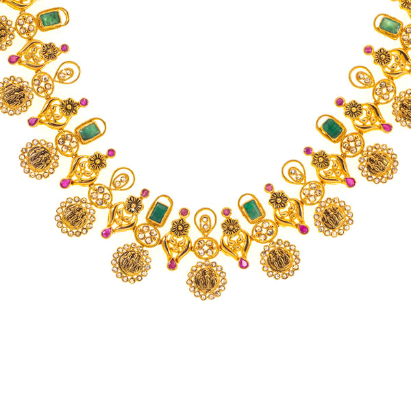 22K Yellow Gold Temple Necklace w/ Uncut Diamonds & Gemstones (84.5gm) | 


This wonderful 22k Indian gold necklace is decorated with colorful gemstones, uncut diamonds, ...