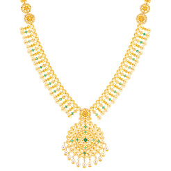 22K Yellow Gold, Uncut Diamond, Emerald, & Pearl Necklace (79.8gm)