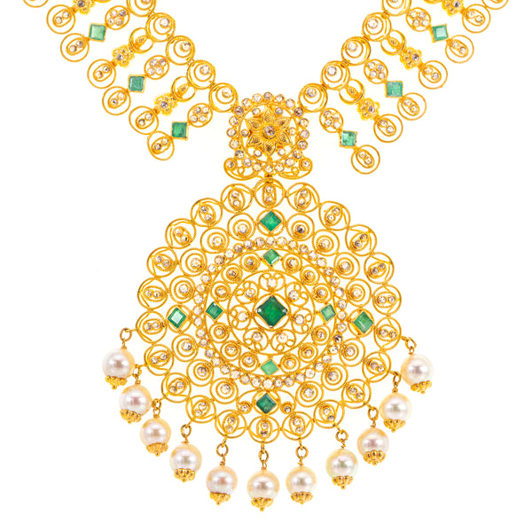 22K Yellow Gold, Uncut Diamond, Emerald, & Pearl Necklace (79.8gm) | 


The intricate framework of this 22k Indian gold necklace elevates the vibrant allure of the em...