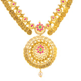 22K Yellow Gold, Uncut Diamond, Emerald, & Ruby Kasu Necklace (63.5gm) | 


Bring a sense of cultural elegance to your special occasion by adorning yourself with this mag...