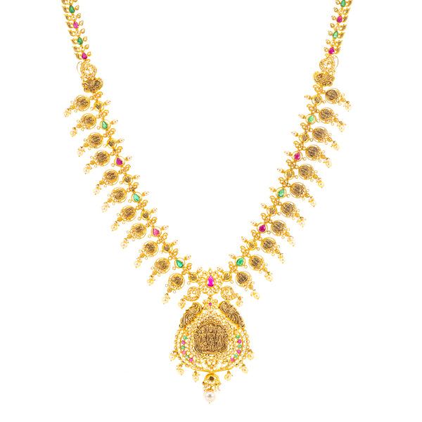 22K Yellow Gold, Uncut Diamond, Gemstones, & Pearl Temple Necklace (91.3gm) | 


The beauty of this 22k Indian gold necklace lies in the unique framework and extravagant detai...
