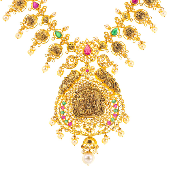 22K Yellow Gold, Uncut Diamond, Gemstones, & Pearl Temple Necklace (91.3gm) | 


The beauty of this 22k Indian gold necklace lies in the unique framework and extravagant detai...