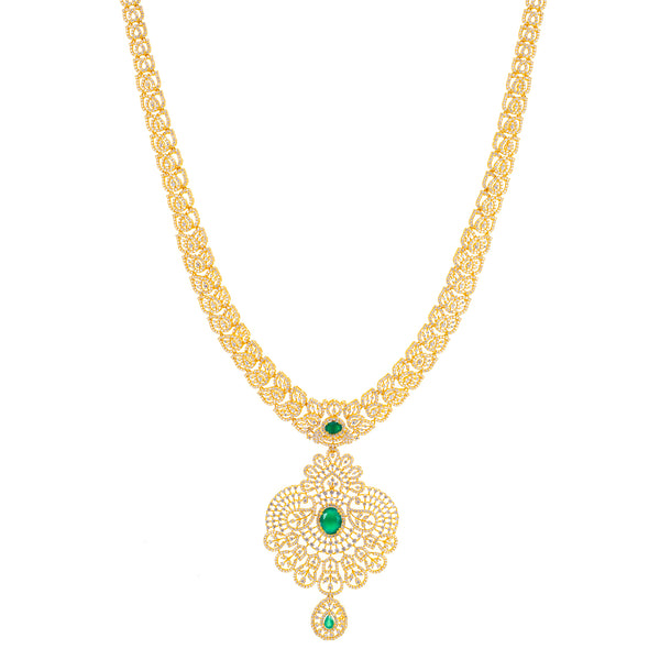 22K Yellow Gold, Emerald, & CZ Necklace (104.3gm) | 


Adorning your neck this beautiful 22k gold necklace will add the lustrous shimmer and shine yo...