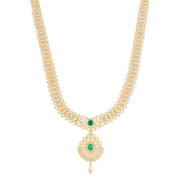 22K Yellow Gold, Emerald, & CZ Necklace (91.5gm) | 


This 22k gold necklace has an ultra feminine design that makes it the perfect piece of Indian ...
