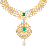 22K Yellow Gold, Emerald, & CZ Necklace (91.5gm) | 


This 22k gold necklace has an ultra feminine design that makes it the perfect piece of Indian ...